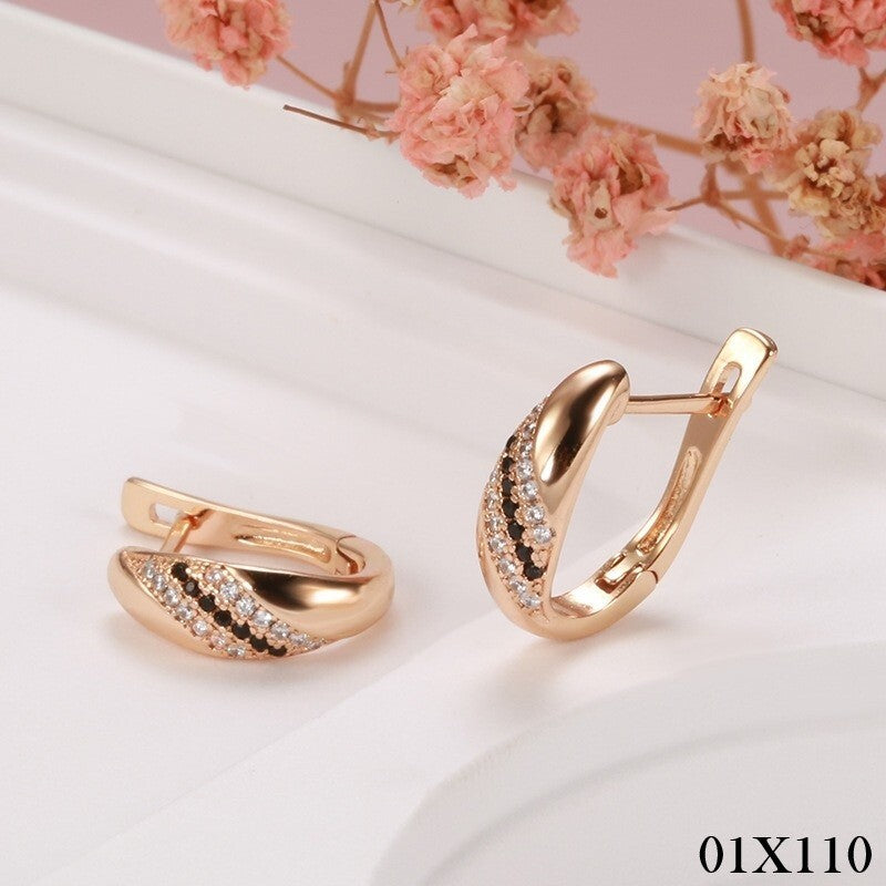 Luxus Damen Ohrringe Creolen Schwarze/Weiß Zirkon Kristal 585RG Roségold überz0