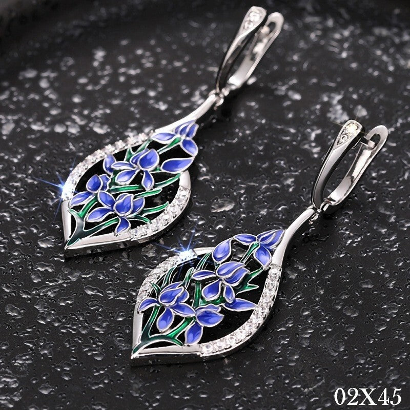 Blaue Blumen Ohrringe Damen Weißgold lang mit Emaille Design Schmuck3
