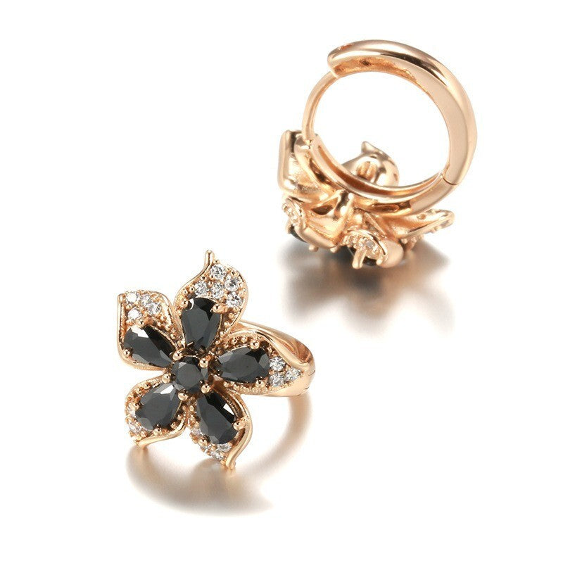 Luxus Damen Ohrringe Creolen Blumen Schwarze Zirkon Kristal 585RG Roségold übe3