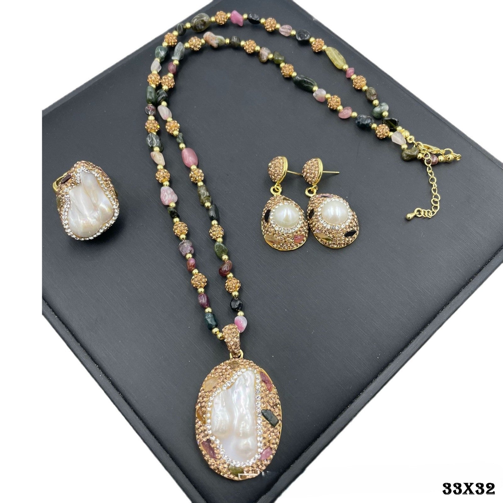 Perlen TurmalinSet, natürliche Süßwasserperlen Halskette in Sonderform0