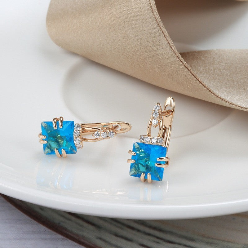 Luxus Damen Ohrringe 585RG Rosé Gold geometrische würfel blau zirkon ohr schnall5