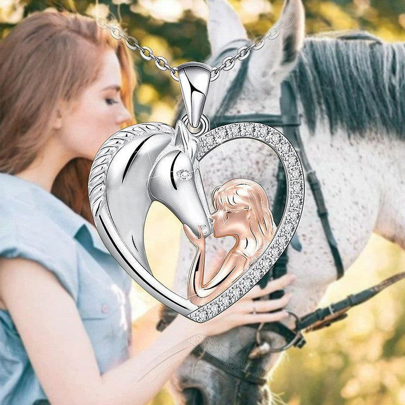 Halskette 925S Silber Pferde motiv. Zweifarbiger Anhänger  Mädchen mit Pferde6