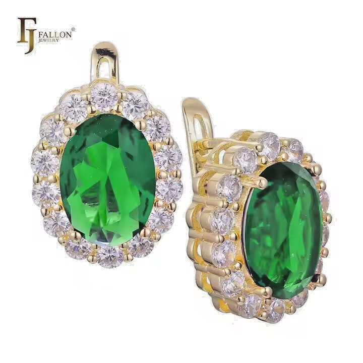Luxus Ohrringe Creole mit BlumenDesign, oval, grüner Kristall Gold 14K vergold0