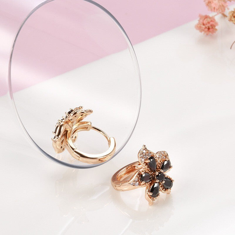 Luxus Damen Ohrringe Creolen Blumen Schwarze Zirkon Kristal 585RG Roségold übe6