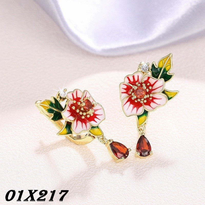 BlumenOhrringe Damen Gold Emaill Rot ZirkonMorgenglanz , tropfenförmige Ohrring0