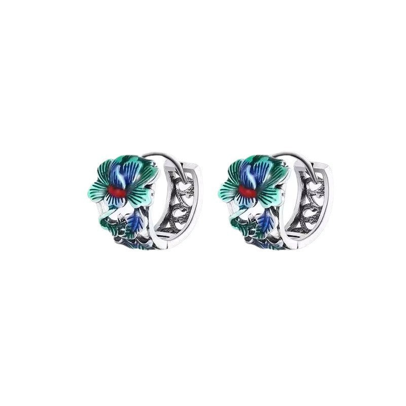 Herren Ohrringe Creole mit CloisonnéPfingstrosenmotiv, modisch und hochwertig,3