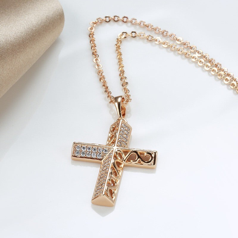 Luxus Kreuz Halskette mit Anhänger 585er Rosé Gold Walzgold Natürlicher Zirkon2