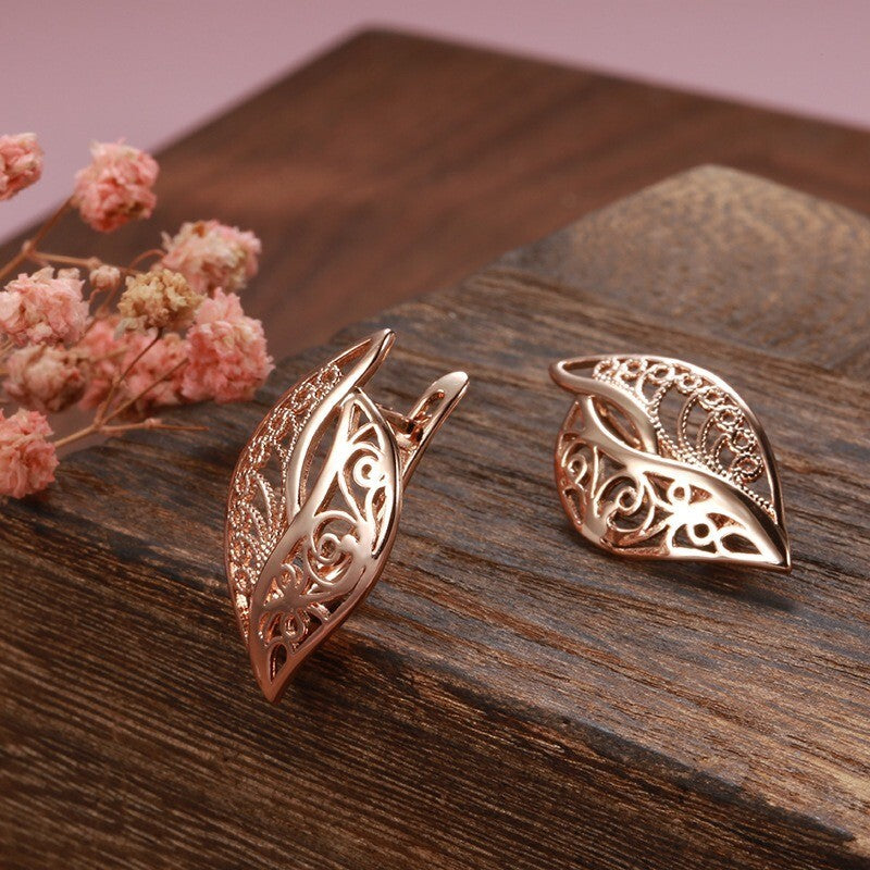 Luxus Damen Blatt Ohrringe 585 Roségold Ohrringe in kaltem Stil einfache7