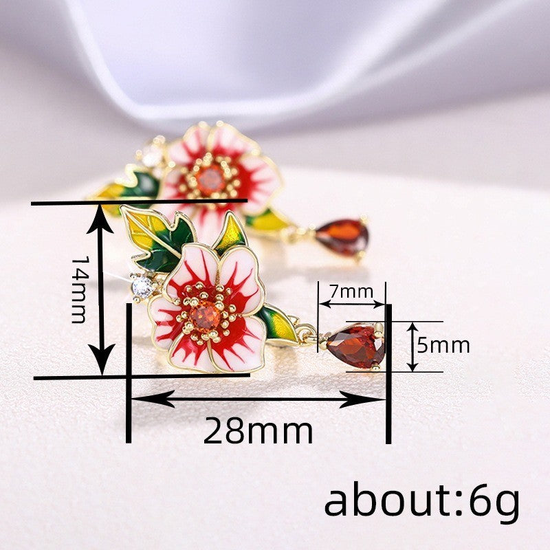 BlumenOhrringe Damen Gold Emaill Rot ZirkonMorgenglanz , tropfenförmige Ohrring7