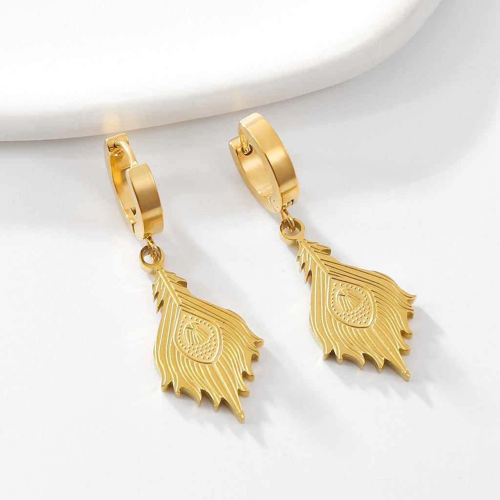 Damen Edelstahl Ohrringe Creole 18K Gold Phönixfeder lichtechte Ohrringe6