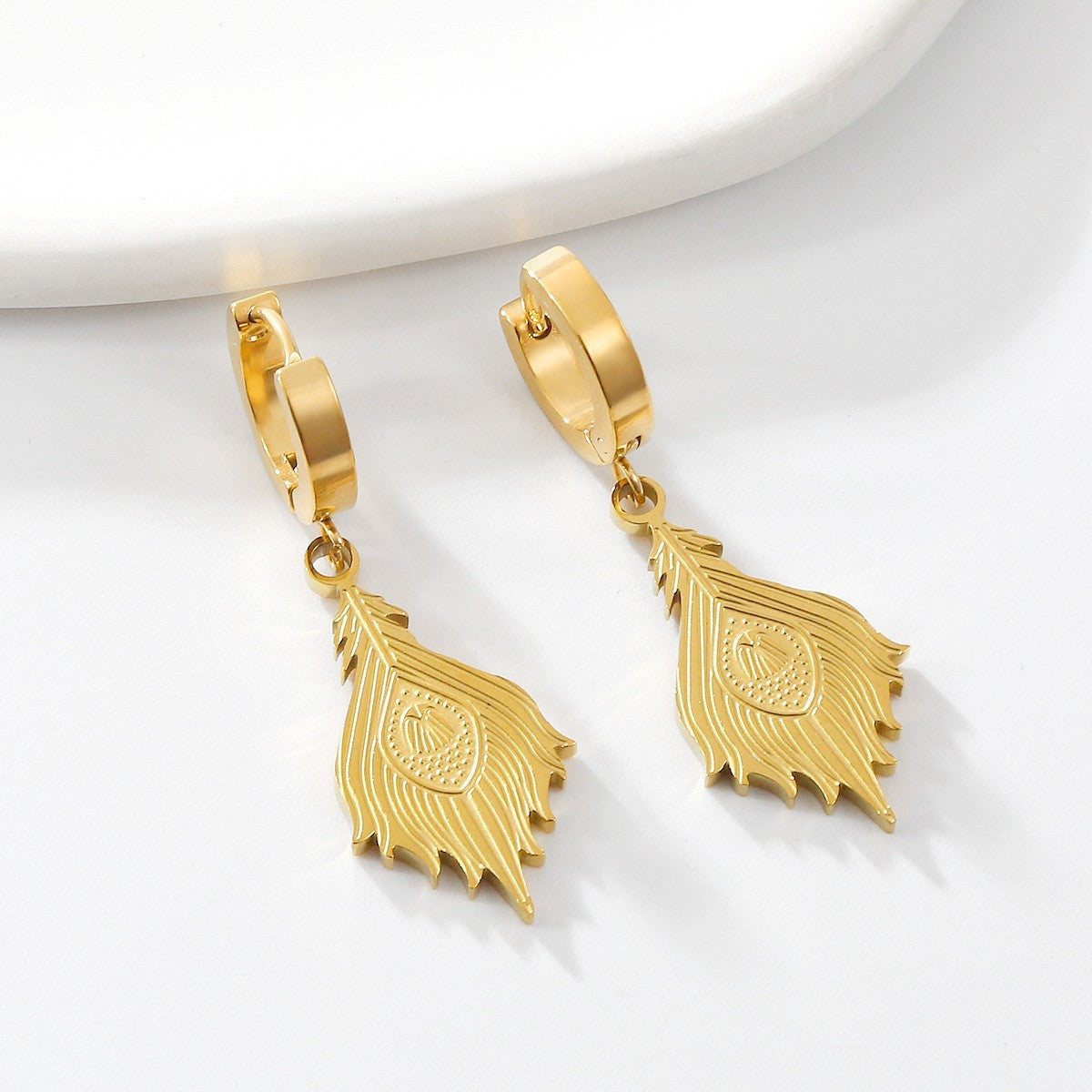 Damen Edelstahl Ohrringe Creole 18K Gold Phönixfeder lichtechte Ohrringe6