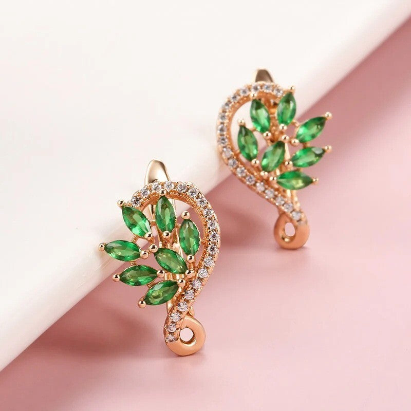 Ohrringe Schmetterling Feder Blume Creolen 18K Gold Damen Grün Zirkonia Steine2