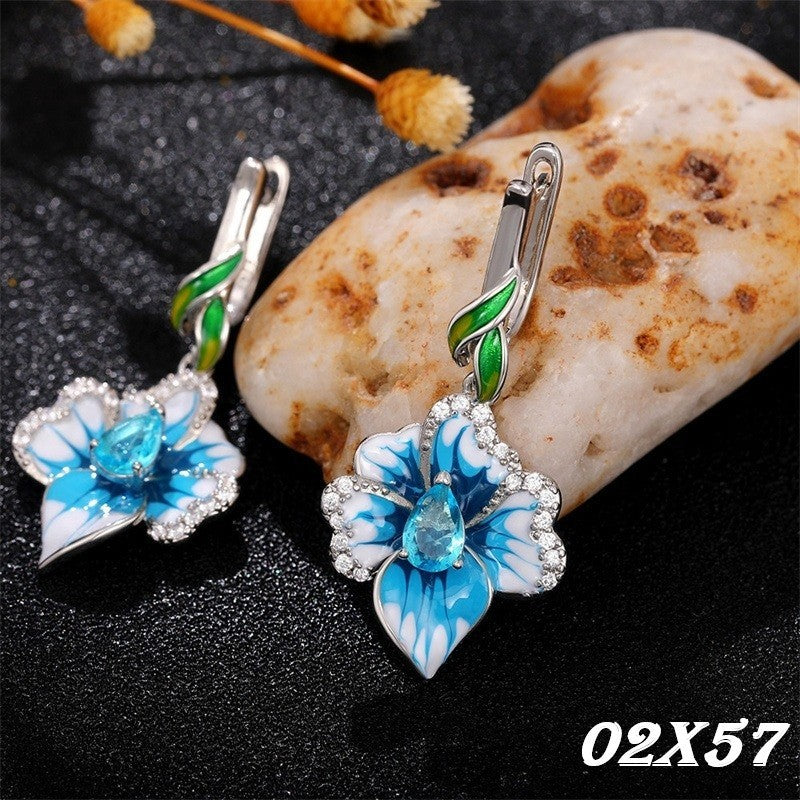 BlumenOhrringe Blau AAA Zirkon für Damen White Gold lange Ohrringe für Frauen m0