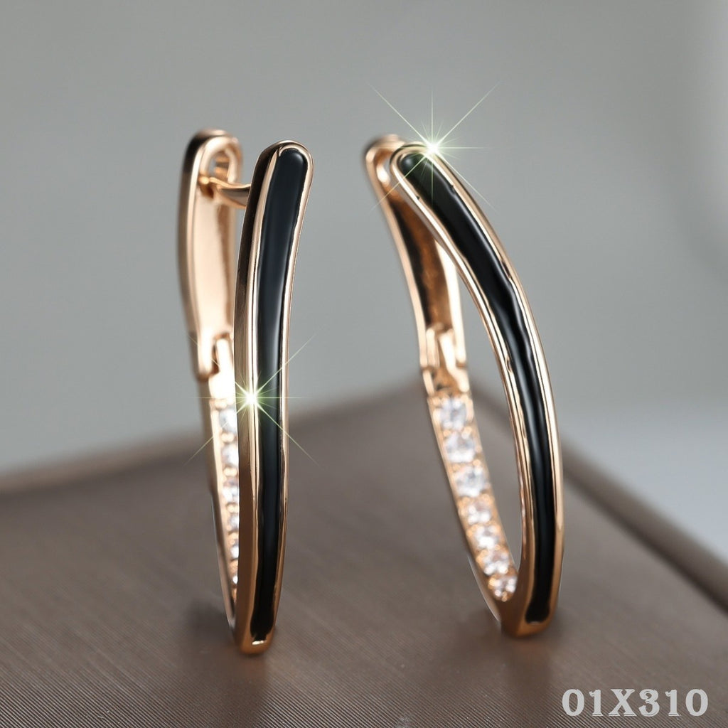 Damen Ohrriinge Champagner Gold Vförmigem Design weißen Diamanten schwarzem7
