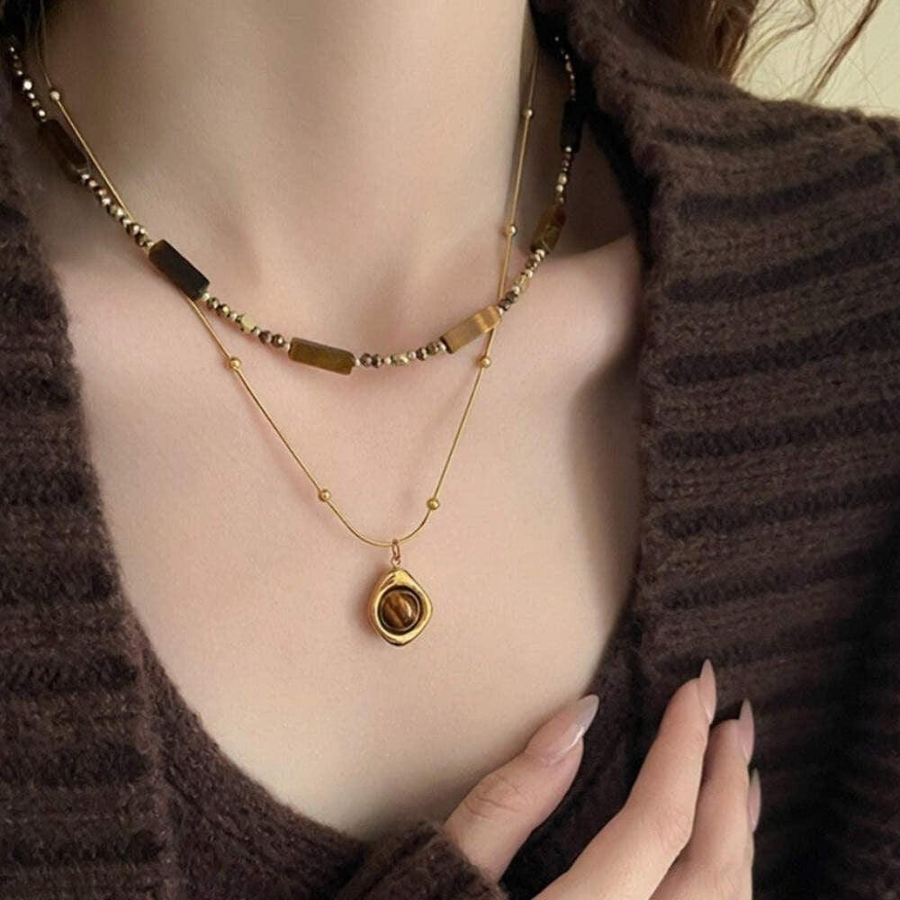 Zweireihige Perlenkette mit Tigerauge Anhänger, elegante vergoldete Edelstahlhal4