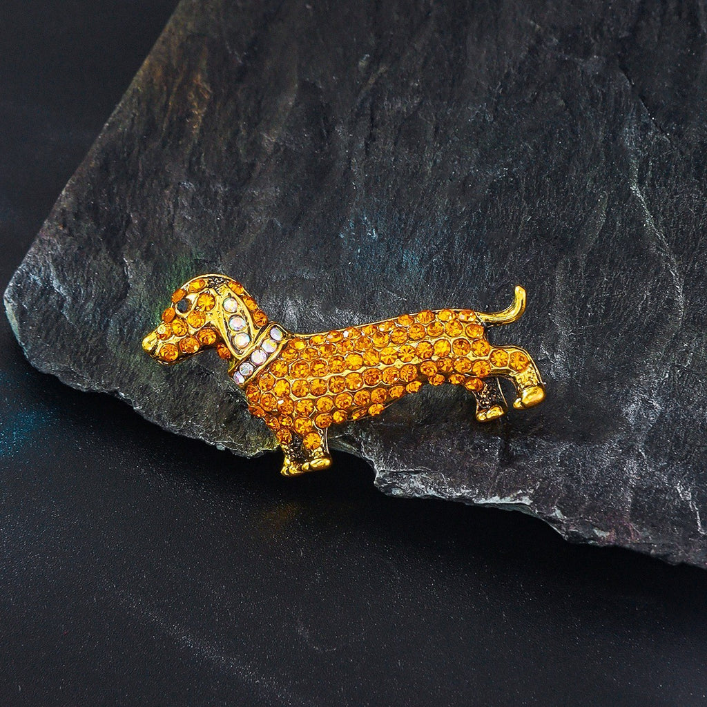 Brosche Dackel Wiener Hund Goldbraune Kristalle auf Gold Farben Modische Schmuck7