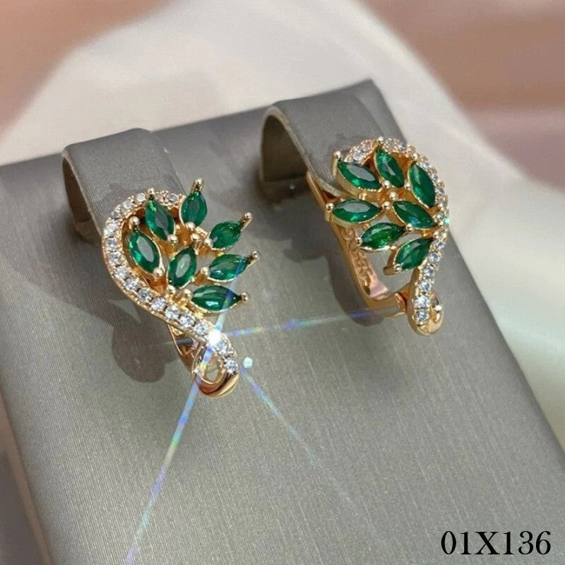 Ohrringe Schmetterling Feder Blume Creolen 18K Gold Damen Grün Zirkonia Steine0