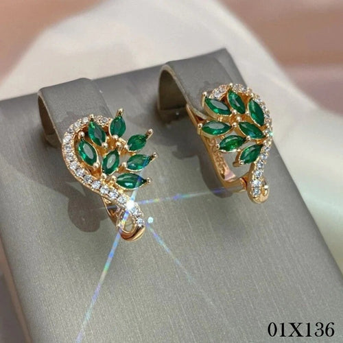 Ohrringe Schmetterling Feder Blume Creolen 18K Gold Damen Grün Zirkonia Steine0