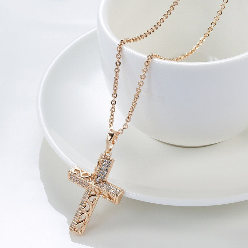 Luxus Kreuz Halskette mit Anhänger 585er Rosé Gold Walzgold Natürlicher Zirkon5