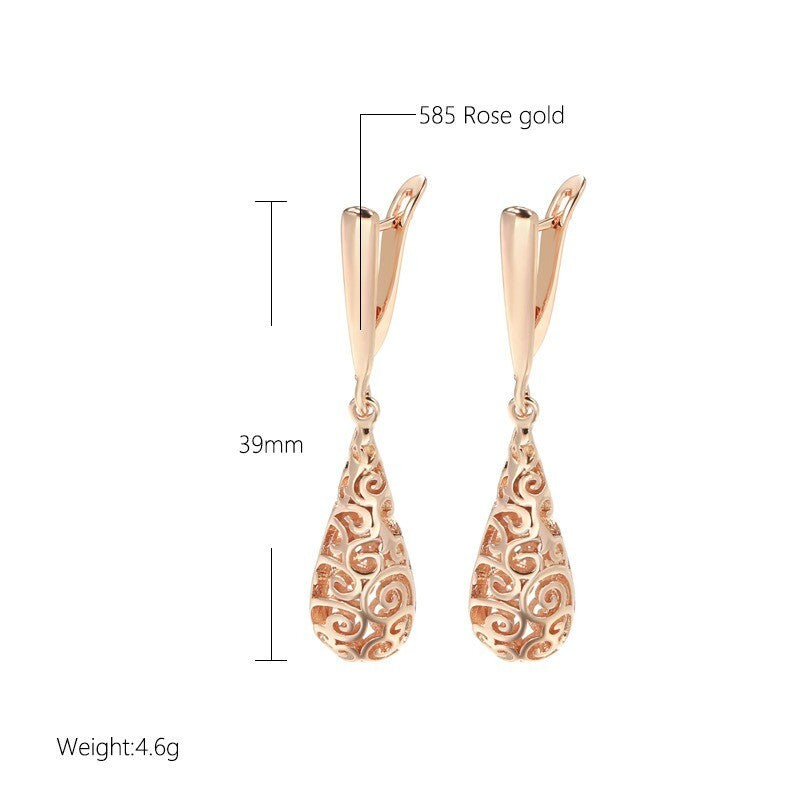 Luxus Damen Ohrringe 585RG Rose Gold Wassertropfen hohle Musterohrringe für Fra4