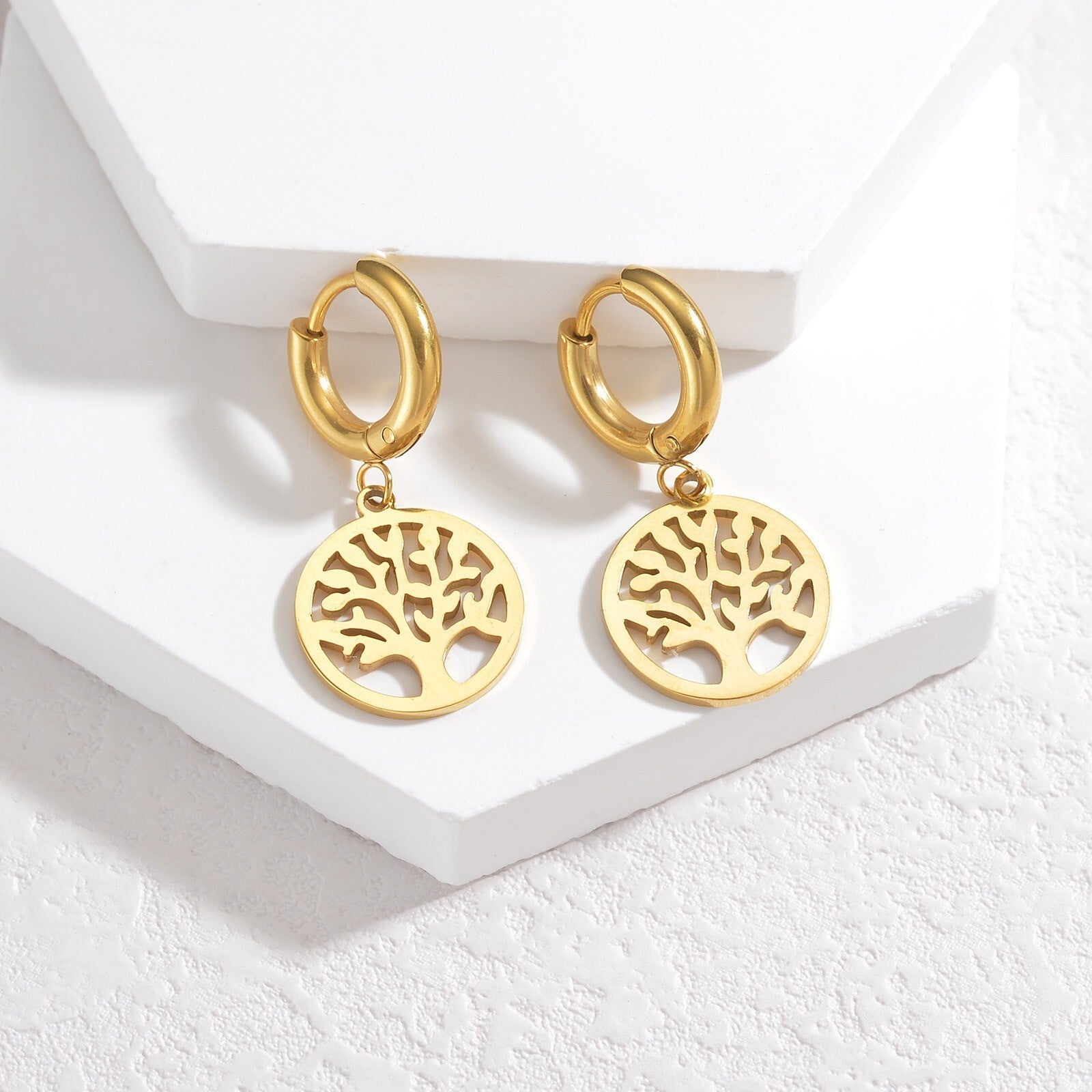 Luxus Damen Ohrringe Creolen Lebensbaum 18K Gold Frauen Edelstahl Ohrringe1