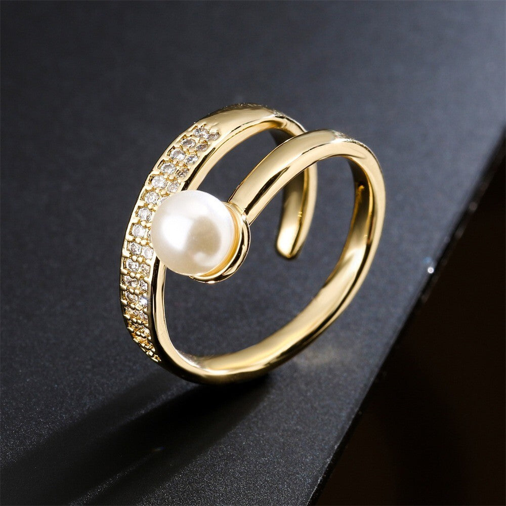 Luxus Damen Ring mit Perlen zirkon schmuck 18K goldüberzogene perle geometrisch2