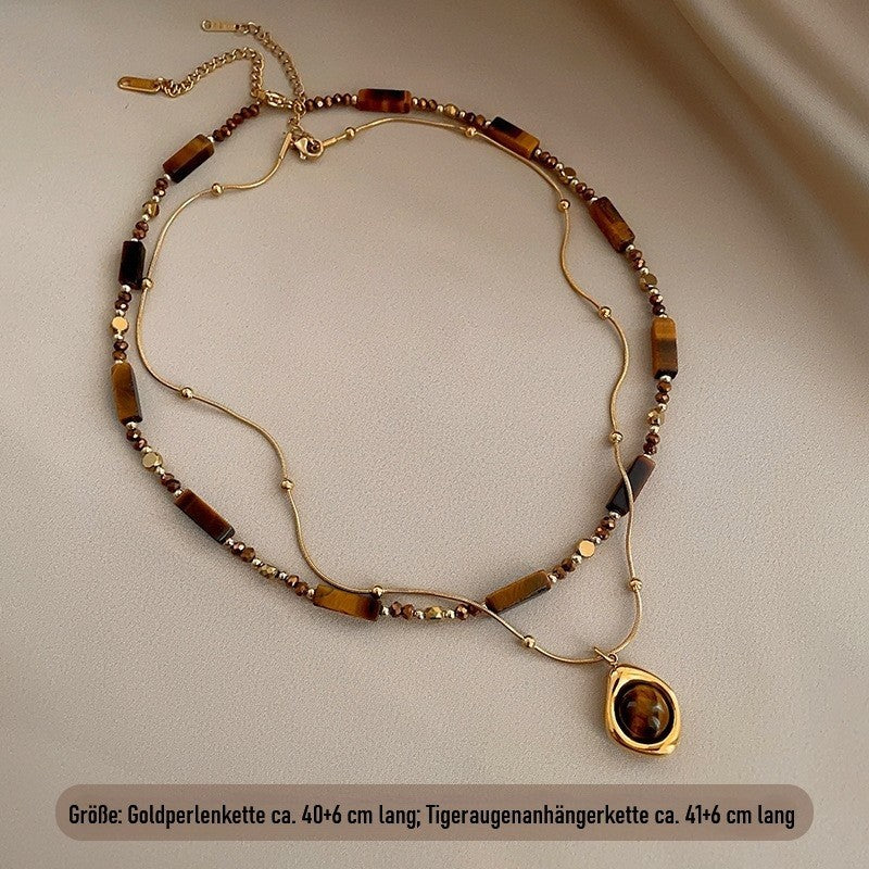 Zweireihige Perlenkette mit Tigerauge Anhänger,Elegante Gold Halskette Edelstahl3