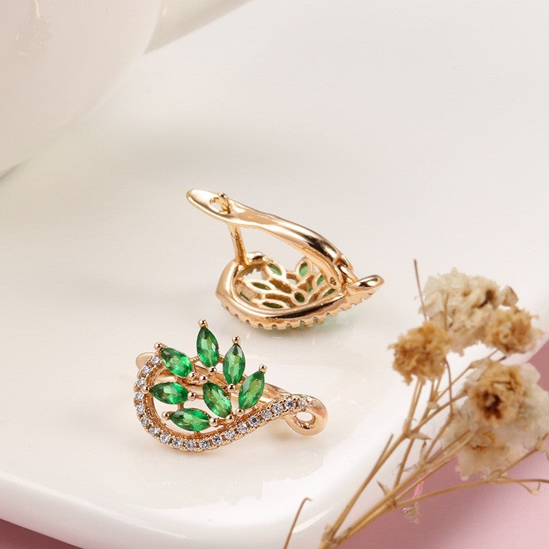 Luxus Damen Ohrringev 585 Rose Gold Zircon mit frischen Blumen und Grasmotiven6