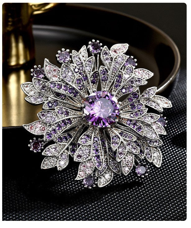 Luxus Damen Silber Brosche Sonnenblumen voller Lila Diamanten corsage temperame2