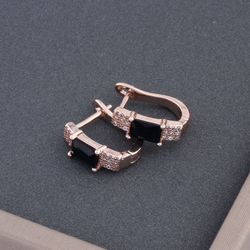 Luxus Damen Ohrringe vergoldet Gold schwarze rechteckige Zirkon Design6