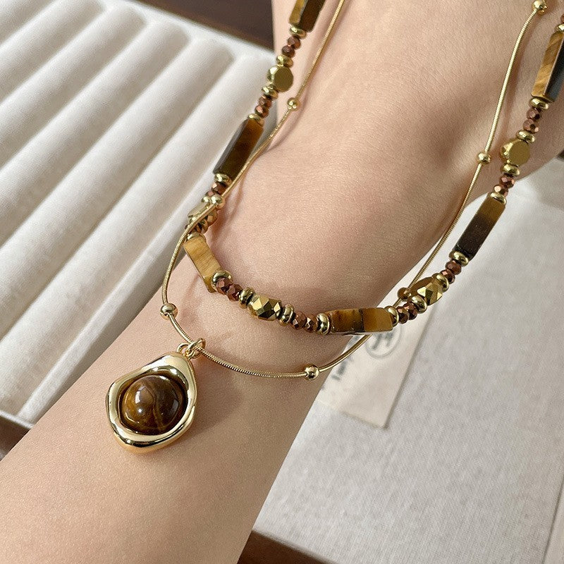 Zweireihige Perlenkette mit Tigerauge Anhänger,Elegante Gold Halskette Edelstahl14