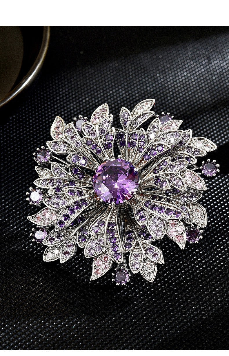 Luxus Damen Silber Brosche Sonnenblumen voller Lila Diamanten corsage temperame5