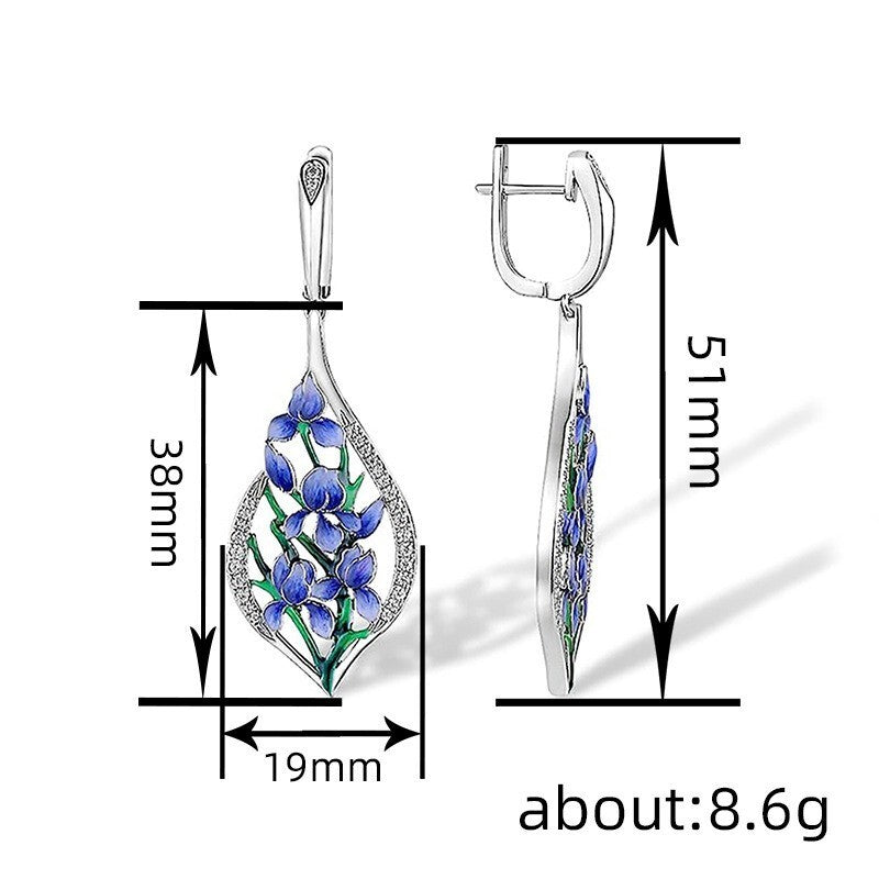 Blaue BlumenOhrringe für Damen White Gold lange Ohrringe für Frauen mit Emaill5