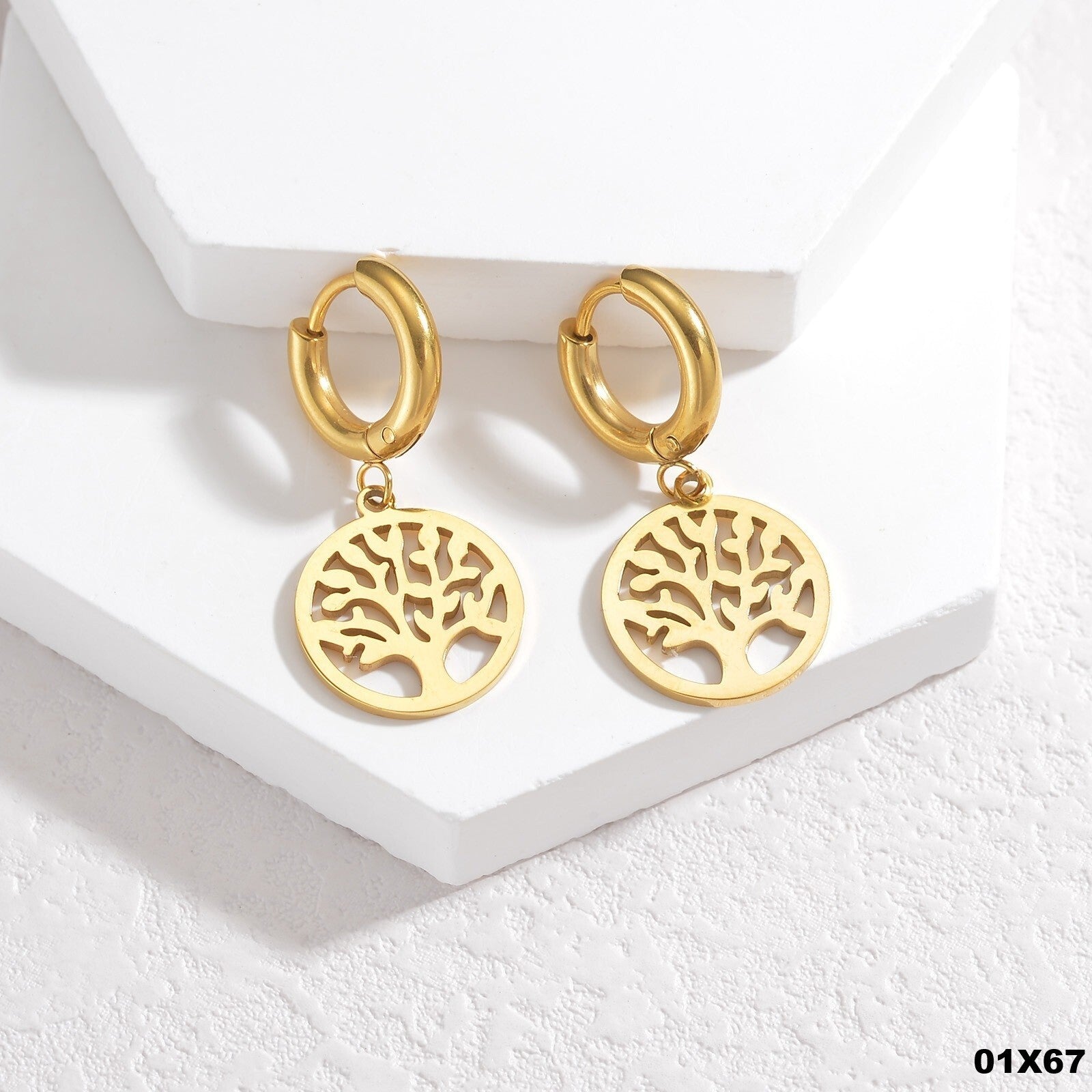 Luxus Damen Ohrringe Creolen Lebensbaum 18K Gold Frauen Edelstahl Ohrringe0