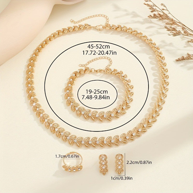 Schmuckset Damen Gold Halskette Armband Ohrringe Ring Strass Elegant Geschenk H4