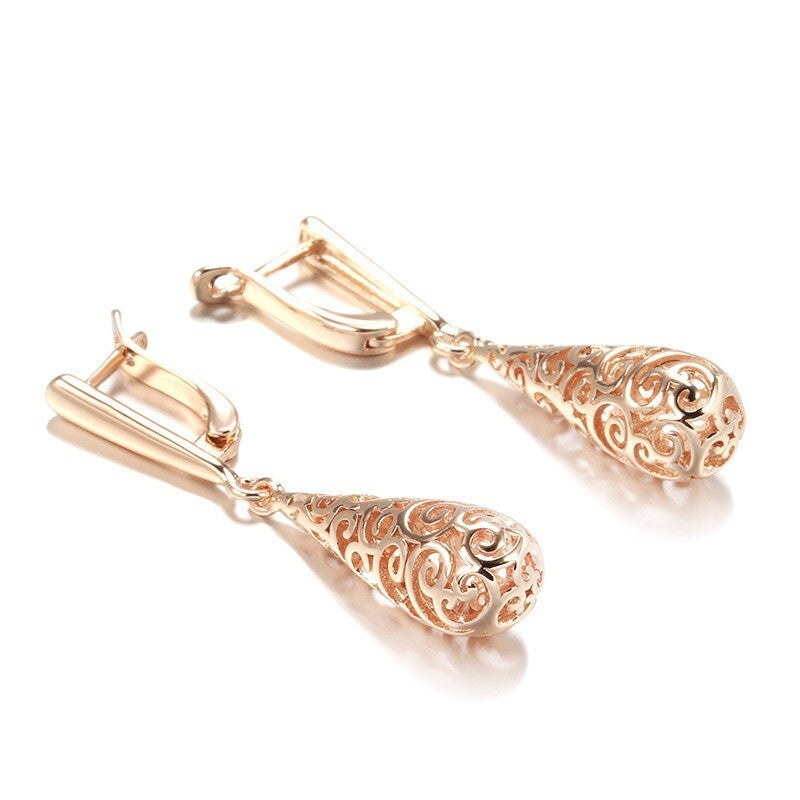 Luxus Damen Ohrringe 585RG Rose Gold Wassertropfen hohle Musterohrringe für Fra5