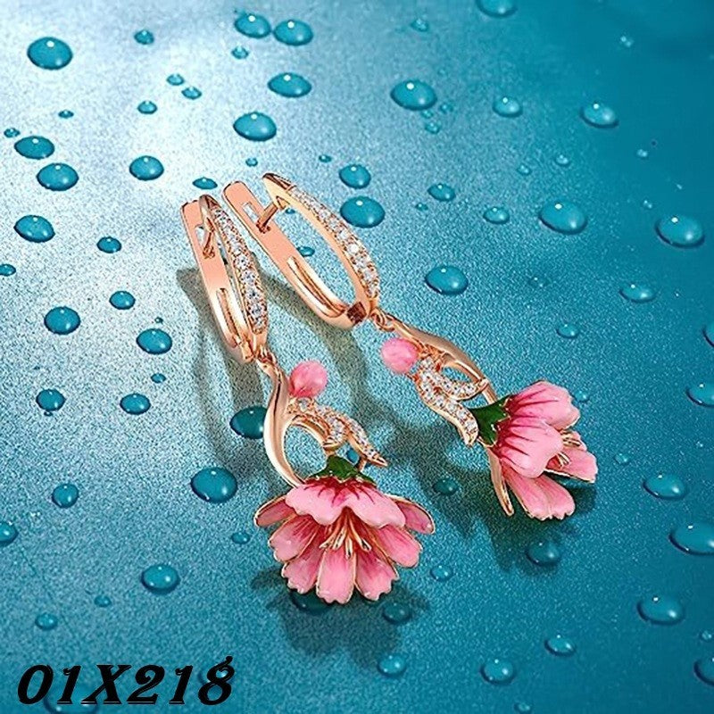 Damen Blumen Ohrringe weibliche vintage tropfen, Gold intarsien,  A Zirkon0