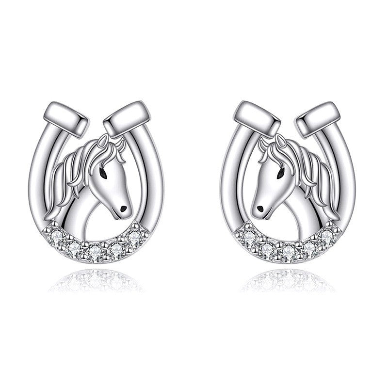 Damen Ohrringe Ohrstecker 925 Sterling Silber Hufeisen mit Pferdekopf5