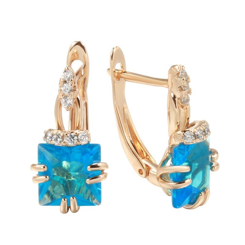 Luxus Damen Ohrringe 585RG Rosé Gold geometrische würfel blau zirkon ohr schnall7