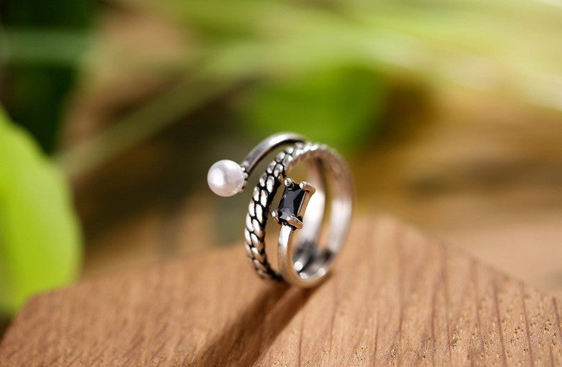 Damen S925 SterlingsilberÖffnungsring, mehrlagiger, diamantbesetzter RetroRin10