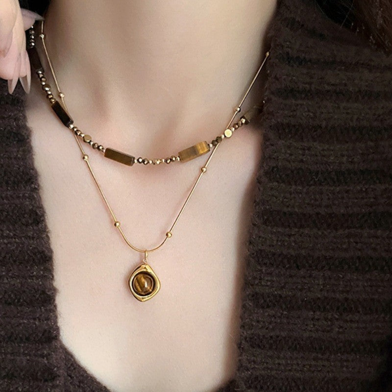 Zweireihige Perlenkette mit Tigerauge Anhänger,Elegante Gold Halskette Edelstahl20