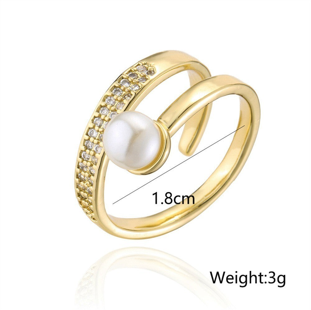 Luxus Damen Ring mit Perlen zirkon schmuck 18K goldüberzogene perle geometrisch1