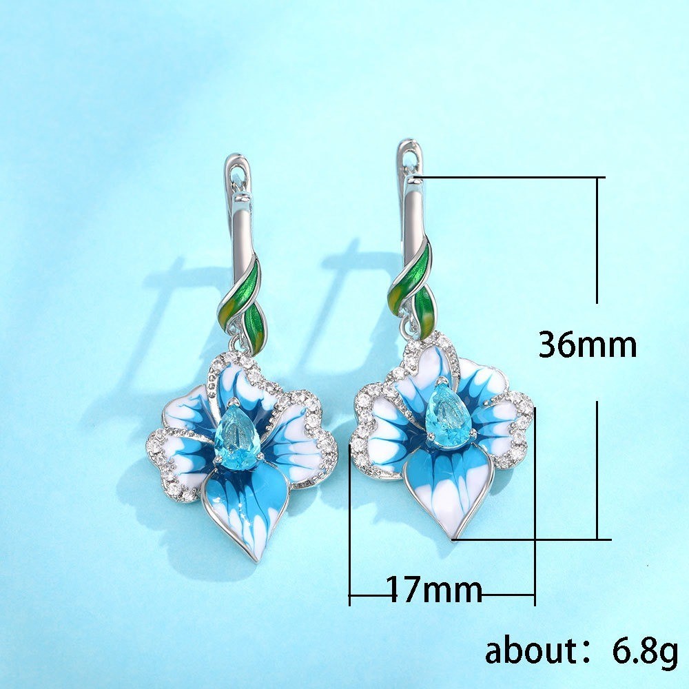 BlumenOhrringe Blau AAA Zirkon für Damen White Gold lange Ohrringe für Frauen m10