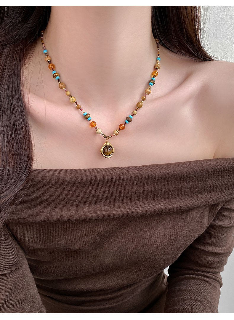 Halskette aus Titanstahl Tigerauge aus Naturstein für Damen, exklusives Design13