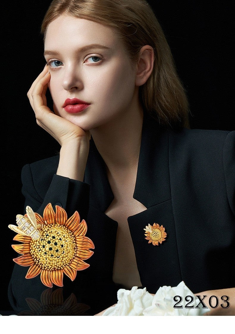Brosche Sonnenblumen Biene Zircon echt Gold kreative persönlichkeit aktivität0
