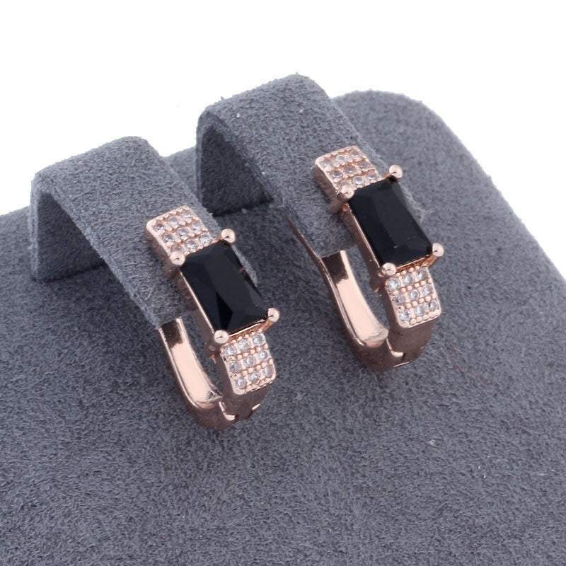 Luxus Damen Ohrringe vergoldet Gold schwarze rechteckige Zirkon Design10