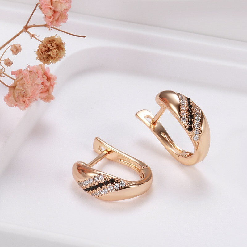 Luxus Damen Ohrringe Creolen Schwarze/Weiß Zirkon Kristal 585RG Roségold überz3