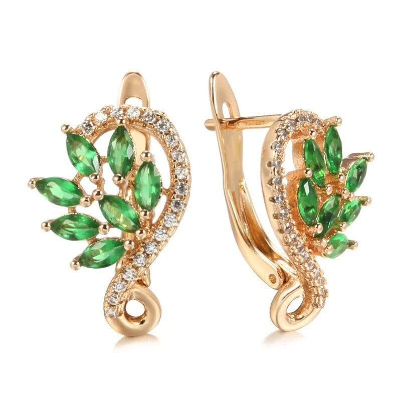 Ohrringe Schmetterling Feder Blume Creolen 18K Gold Damen Grün Zirkonia Steine5
