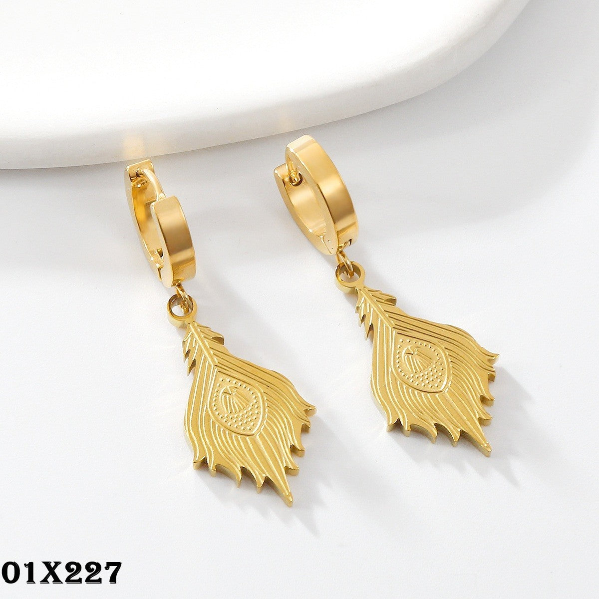 Damen Edelstahl Ohrringe Creole 18K Gold Phönixfeder lichtechte Ohrringe0