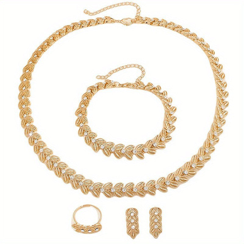 Schmuckset Damen Gold Halskette Armband Ohrringe Ring Strass Elegant Geschenk H2